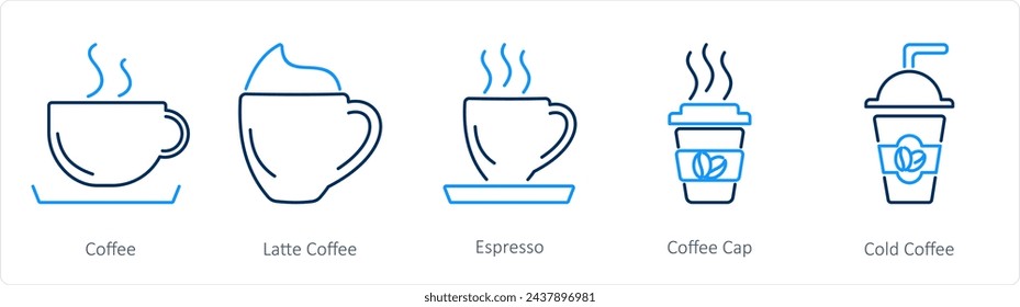 A set of 5 Coffee icons as coffee, latte coffee, espresso