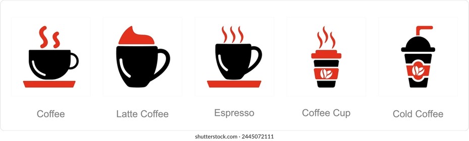 Un conjunto de 5 iconos de café como café, café con leche, espresso