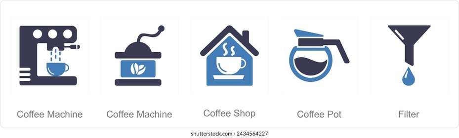 A set of 5 Coffee icons as coffee machine, coffee shop, coffee pot