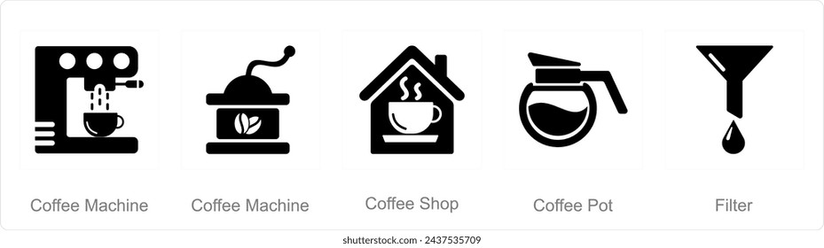 A set of 5 Coffee icons as coffee machine, coffee shop, coffee pot