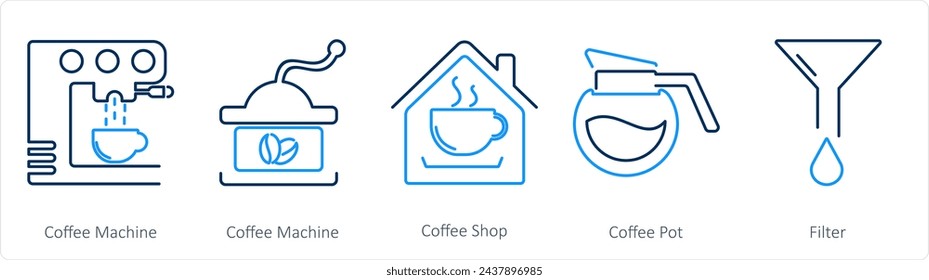 A set of 5 Coffee icons as coffee machine, coffee shop, coffee pot