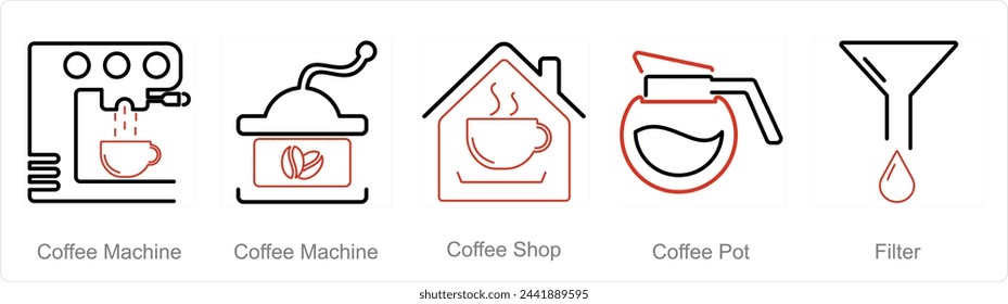 A set of 5 Coffee icons as coffee machine, coffee shop, coffee pot