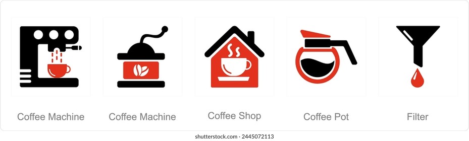 A set of 5 Coffee icons as coffee machine, coffee shop, coffee pot