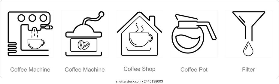 A set of 5 Coffee icons as coffee machine, coffee shop, coffee pot