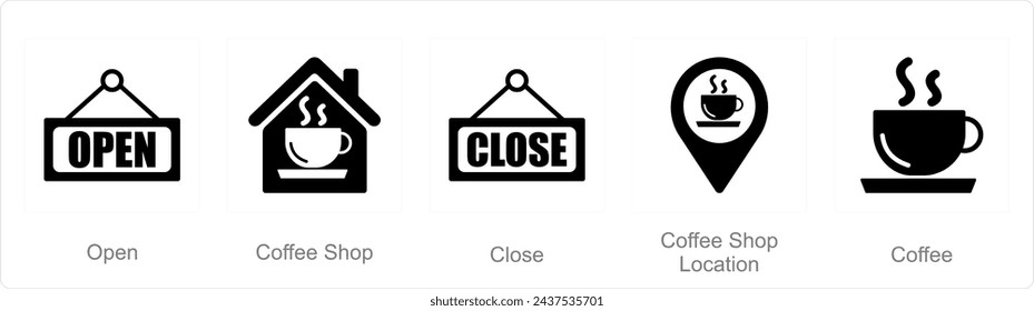 A set of 5 Coffee icons as open, coffee shop, close