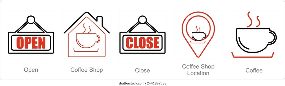 A set of 5 Coffee icons as open, coffee shop, close