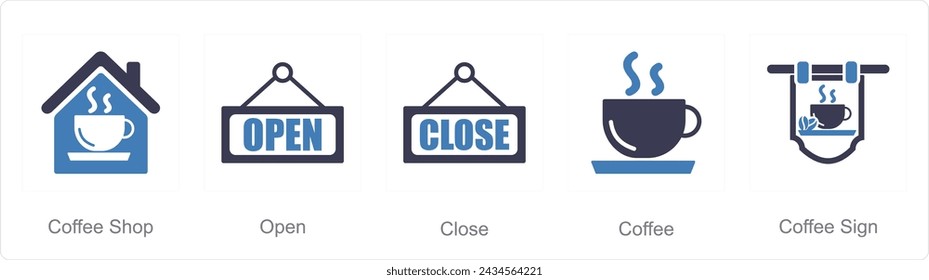 A set of 5 Coffee icons as coffee shop, open, close