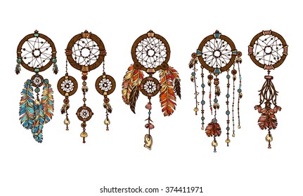 Set of 5 colored dreamcatchers. Hand-drawn with ink dream catcher with feathers. Ethnic illustration, tribal, American Indians traditional symbol. Tribal theme.