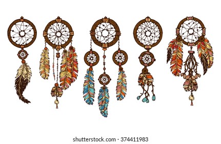 Set of 5 colored dreamcatchers. Hand-drawn with ink dream catcher with feathers. Ethnic illustration, tribal, American Indians traditional symbol. Tribal theme.