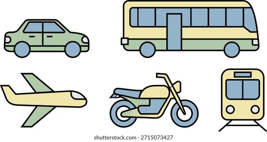 Conjunto de 5 iconos de línea plana coloridos que representan varios modos de transporte. Incluye un vagón de pasajeros, autobús urbano, avión, motocicleta y tren. Diseño de Vector minimalista y limpio para App de viajes y logística.