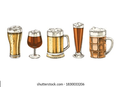 Set of 5 colorful hand drawn beer glasses. Vector illustration in retro style