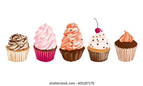 Set of 5 colorful hand drawn vector cupcakes