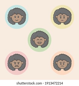 Set of 5 colorful persona face avatars icons with emoji style, showing different levels of mood, experience, satisfaction or happiness.