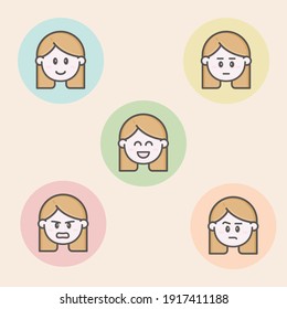 Set of 5 colorful persona face avatars icons with emoji style, showing different levels of mood, experience, satisfaction or happiness.