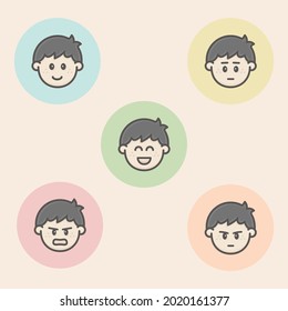 Set of 5 colorful persona face avatars icons with emoji style, showing different levels of mood, experience, satisfaction or happiness.