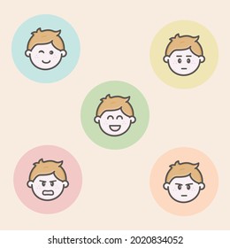 Set of 5 colorful persona face avatars icons with emoji style, showing different levels of mood, experience, satisfaction or happiness.