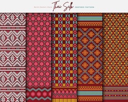 Set Of 5 Colorized Seamless Background Pattern. Inspired By North Eastern (Isaan) Style Thai Silk With Traditional Color Tone.