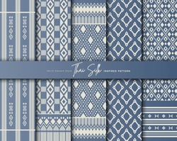 Set Of 5 Colorized Seamless Background Pattern. Inspired By North Eastern (Isaan) Style Thai Silk. Colored In Silver Blue And Grey.