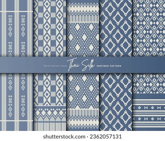 Set of 5 Colorized seamless background pattern. Inspired by North Eastern (Isaan) style Thai silk. Colored in silver blue and grey.