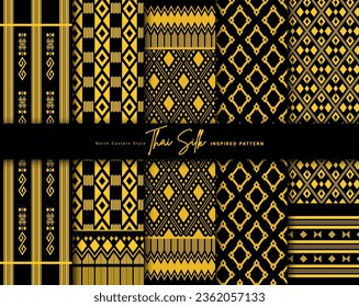 Set of 5 Colorized seamless background pattern. Inspired by North Eastern (Isaan) style Thai silk. Colored in Black and Gold.