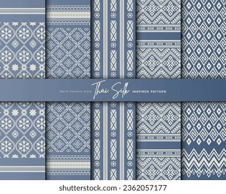 Set of 5 Colorized seamless background pattern. Inspired by North Eastern (Isaan) style Thai silk. Colored in silver blue and grey.