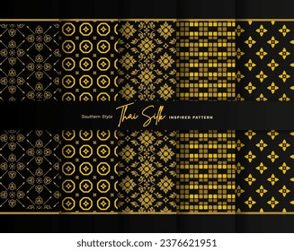 Set of 5 Colorized seamless background pattern. Inspired by Southern style Thai silk. Colored in Black and Gold.
