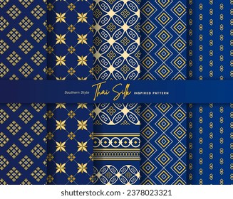 Set of 5 Colorized seamless background pattern. Inspired by Southern style Thai silk. Colored in Navy Blue and Gold 