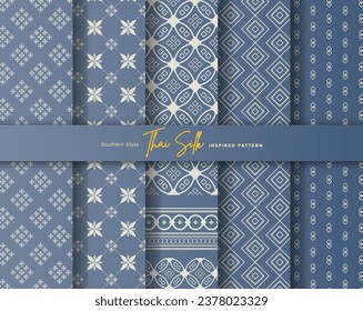 Set of 5 Colorized seamless background pattern. Inspired by Southern style Thai silk. Colored in Blue Grey and Silver