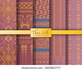 Set of 5 Colorized seamless background pattern. Inspired by North Eastern (Isaan) style Thai silk in pink, blue, and gold color.