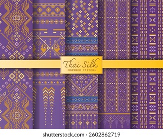 Set of 5 Colorized seamless background pattern. Inspired by North Eastern (Isaan) style Thai silk in violet and gold color.