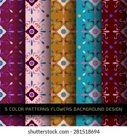 Set of 5 colors on background. vector wallpaper seamless flower pattern 