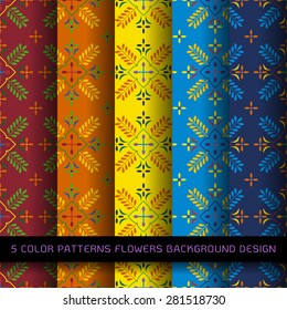 Set of 5 colors on background. vector wallpaper seamless flower pattern 
