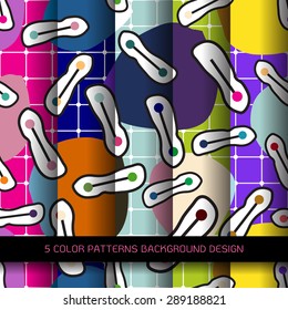 Set of 5 colors patterns with circles. Graphic stripes with diagonal direction