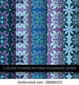 Set of 5 colors patterns with flowers and abstract decorative elements design