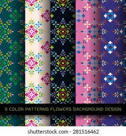Set of 5 colors patterns with flowers and abstract decorative elements design