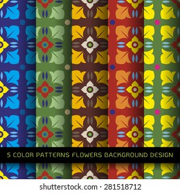Set of 5 colors patterns with flowers and abstract decorative elements design