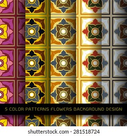 Set of 5 colors patterns with flowers and abstract decorative elements design