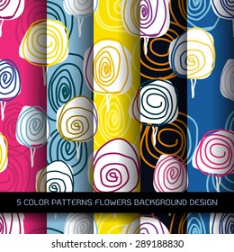Set of 5 colors patterns with flowers and abstract decorative elements design