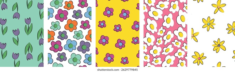 Set of 5 Comic Style Floral Seamless Patterns – Bold, Bright Repeat Prints. Vivid hues, graphic outlines, fun pop-art. Fabric , stationery, digital wallpapers, kids’ clothing, packaging, scrapbooking.