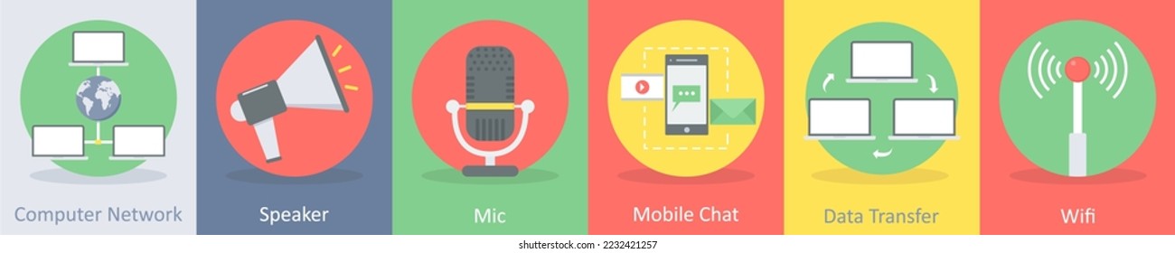 A set of 5 communication and connectivity icons such as computer network, speaker