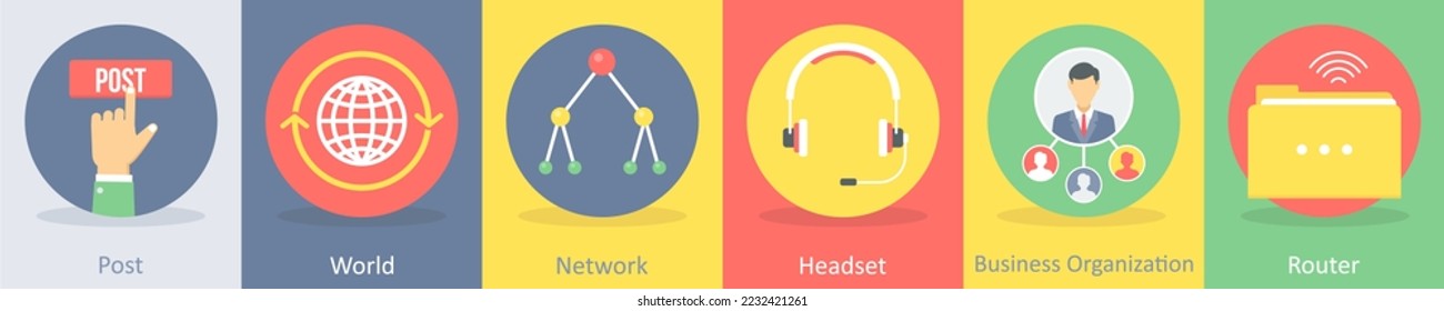 Un conjunto de 5 iconos de comunicación y conectividad como post, mundo, red