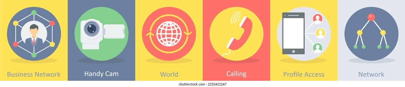 A set of 5 communication and connectivity icons such as business network, handy cam