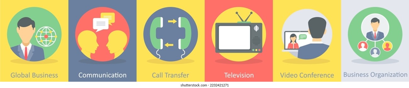 A set of 5 communication and connectivity icons such as global business, communication