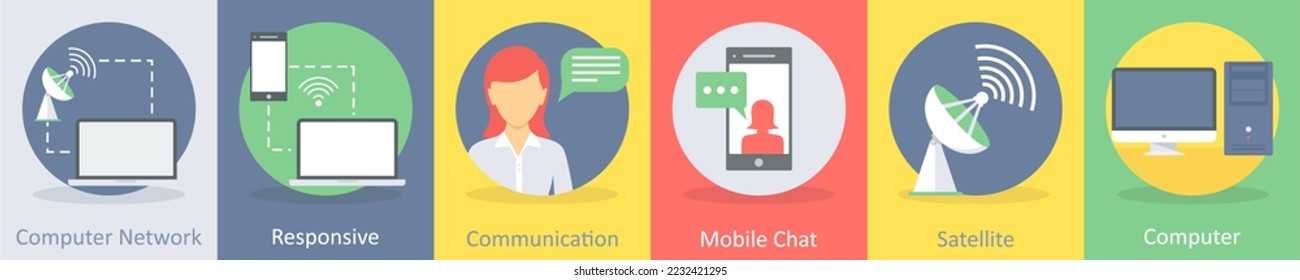A set of 5 communication and connectivity icons such as computer network, responsive