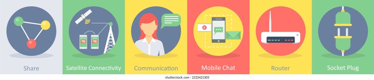 Un conjunto de 5 iconos de comunicación y conectividad como el recurso compartido, conectividad por satélite