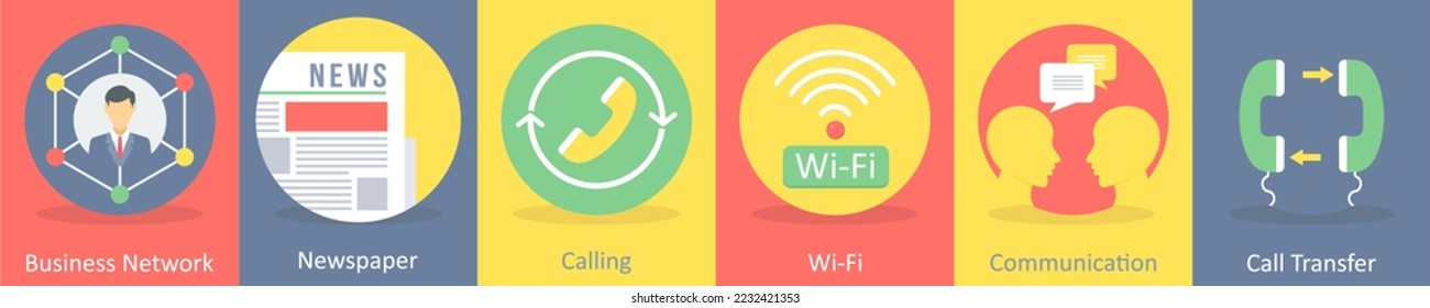 A set of 5 communication and connectivity icons such as business network, newspaper