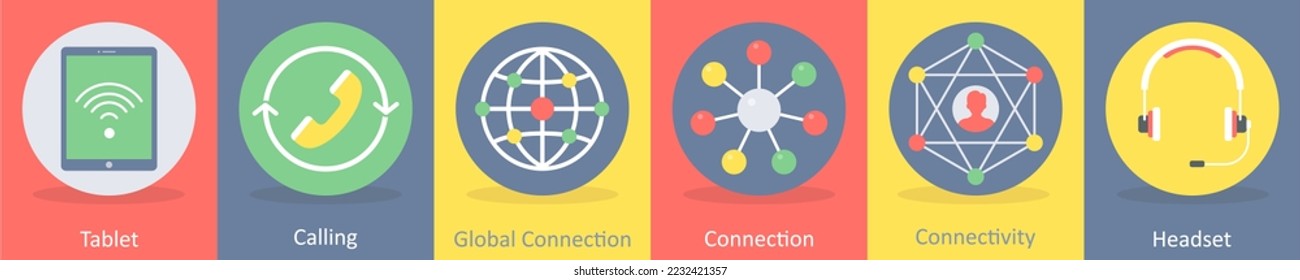 Un conjunto de 5 iconos de comunicación y conectividad como tablet, call, global connection