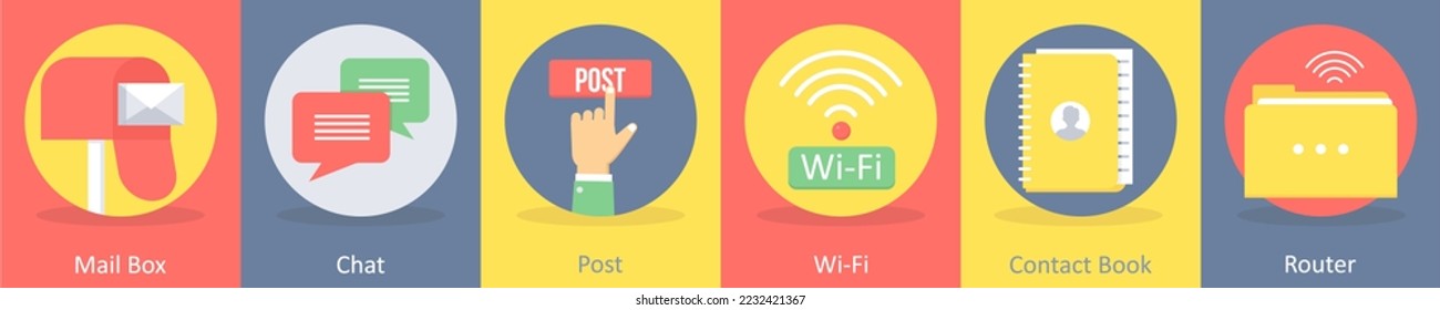 Eine Reihe von 5 Kommunikations- und Konnektivitäts-Symbolen wie E-Mail-Box, Chat, Post