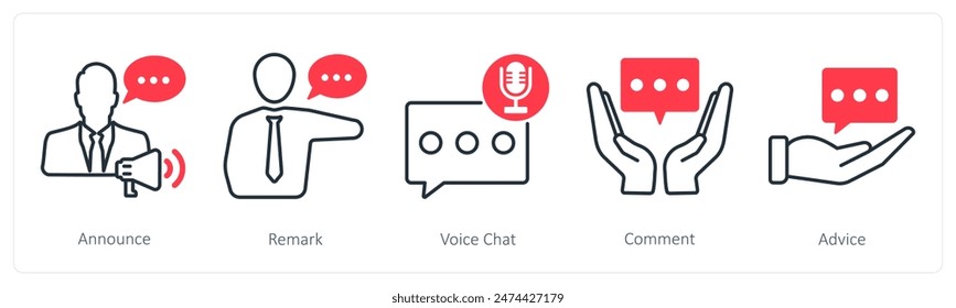 A set of 5 communication icons as announce, remark, video chat