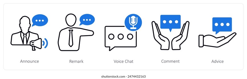 A set of 5 communication icons as announce, remark, video chat